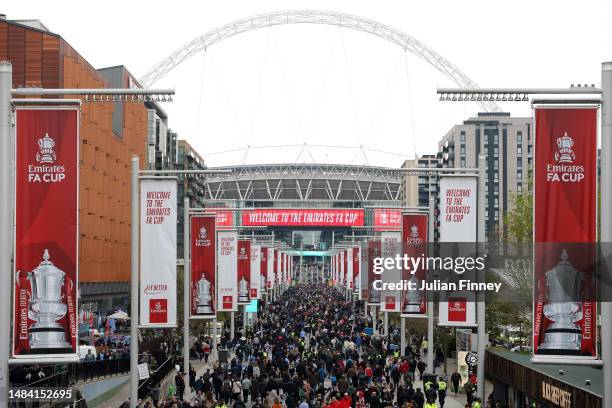 General view of fans arriving on Wembley Way prior to the FA Cup Semi Final match between Manchester City and Sheffield United at Wembley Stadium on...