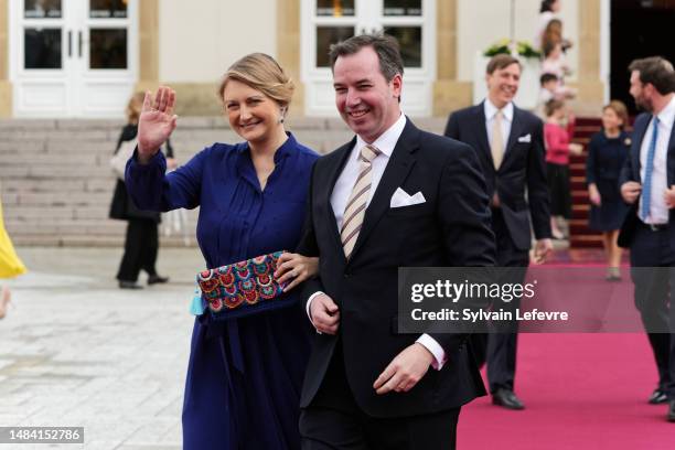 Princess Stephanie of Luxembourg and Prince Guillaume of Luxembourg leave after the Civil Wedding Of Her Royal Highness Alexandra of Luxembourg &...