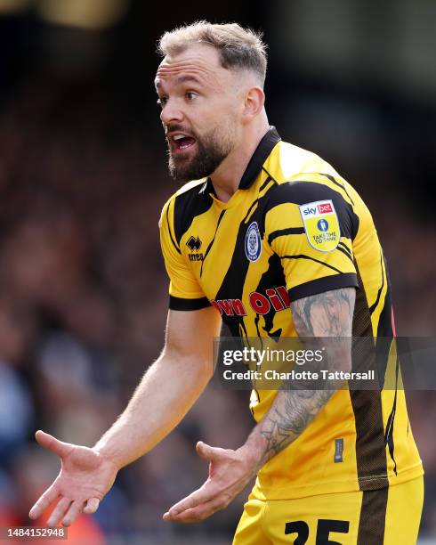 Danny Lloyd of Rochdale reacts during the Sky Bet League Two between Stockport County and Rochdale at Edgeley Park on April 22, 2023 in Stockport,...