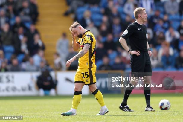 Danny Lloyd of Rochdale looks dejected during the Sky Bet League Two between Stockport County and Rochdale at Edgeley Park on April 22, 2023 in...