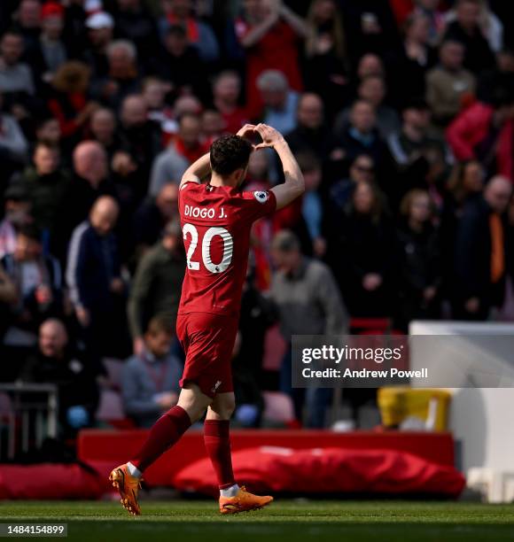 Diogo Jota of Liverpool celebrates after scoring the opening goal during the Premier League match between Liverpool FC and Nottingham Forest at...