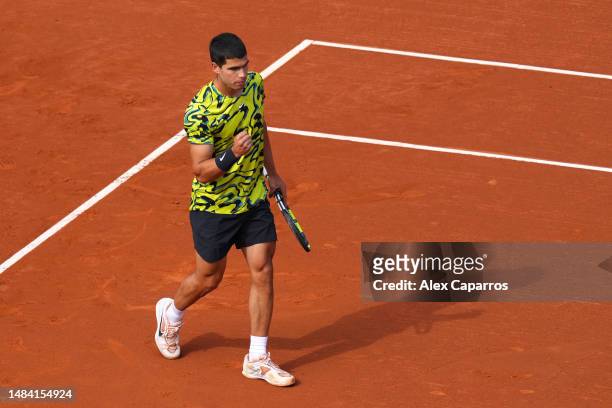 Carlos Alcaraz of Spain celebrates against Dan Evans of Great Britain during the semi-final match on day six of the Barcelona Open Banc Sabadell 2023...
