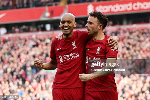Diogo Jota of Liverpool celebrates with teammate Fabinho after scoring the team's first goal during the Premier League match between Liverpool FC and...