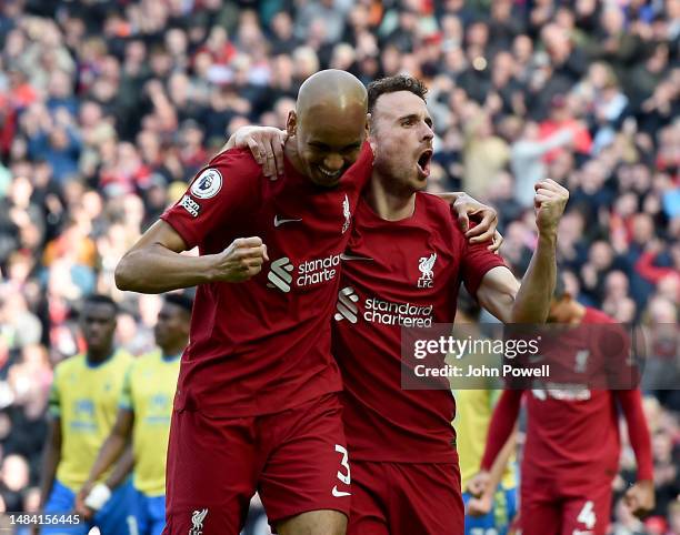 Diogo Jota of Liverpool celebrates after scoring the opening goal during the Premier League match between Liverpool FC and Nottingham Forest at...