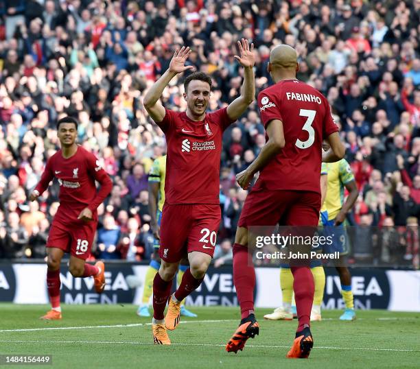 Diogo Jota of Liverpool celebrates after scoring the opening goal during the Premier League match between Liverpool FC and Nottingham Forest at...