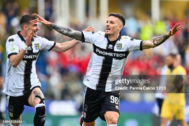 Valentin Mihaila and Dennis Man celebrates during the Serie B match between Parma Calcio and Cagliari on April 22, 2023 in Parma, Italy.