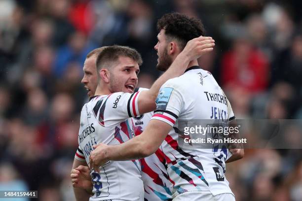 James Williams of Bristol Bears celebrates scoring the team's second try with teammate Harry Randall during the Gallagher Premiership Rugby match...