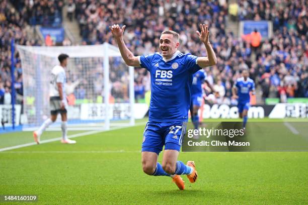 Timothy Castagne of Leicester City celebrates after scoring the team's second goal during the Premier League match between Leicester City and...