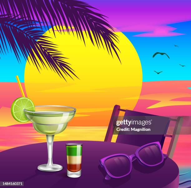 cocktails on a tropical beach at sunset with palm trees - daiquiri stock illustrations