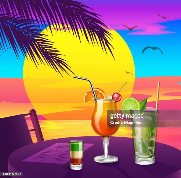 tequila sunrise and mojito cocktails on a tropical beach at sunset with palm trees - mojito stock illustrations