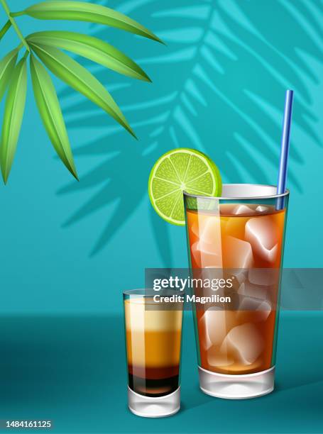 fresh summer cuba libre cocktail and shot of alcohol on a turquoise background with palm leaf shadow - cuba libre stock illustrations