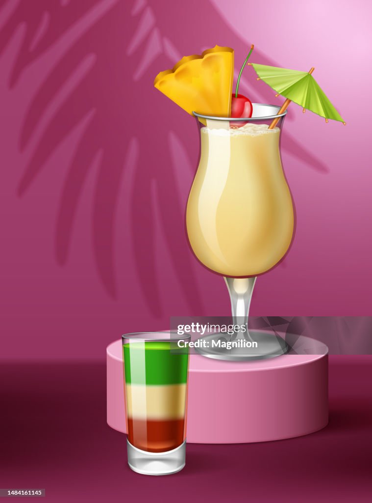 Fresh Summer Pina Colada Cocktail and shots of alcohol on a Pink Background with Palm Leaf Shadow