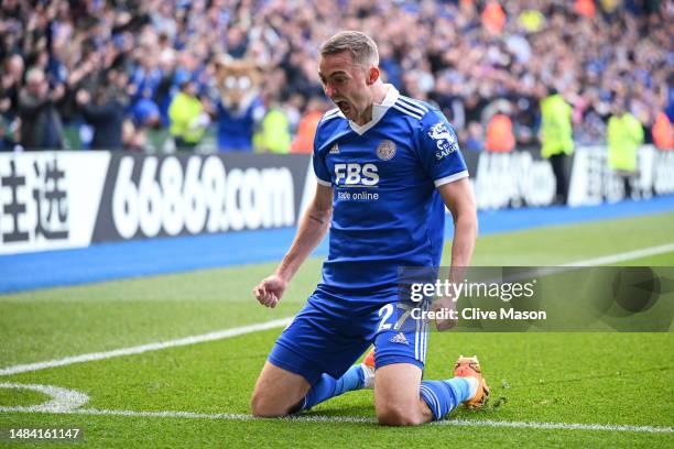 Timothy Castagne of Leicester City celebrates after scoring the team's second goal during the Premier League match between Leicester City and...