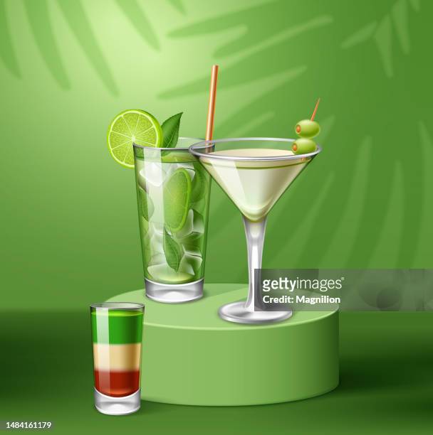 fresh summer martini, mojito cocktail on a green background with palm leaf shadow - mojito stock illustrations