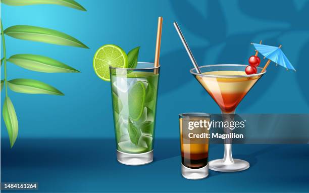 fresh summer mojito and bikini cocktails on a blue background with palm leaf shadow - bar table stock illustrations