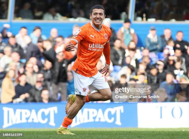 Ian Poveda of Blackpool celebrates after scoring the team's first goal during the Sky Bet Championship between Birmingham City and Blackpool at St...