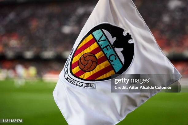 Detailed view of a Valencia CF corner flag prior to the LaLiga Santander match between Valencia CF and Sevilla FC at Estadio Mestalla on April 16,...