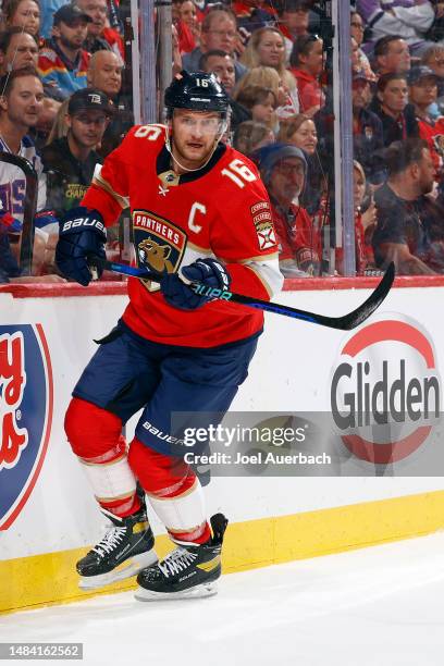 Aleksander Barkov of the Florida Panthers circles the Boston Bruins net in Game Three of the First Round of the 2023 NHL Stanley Cup Playoffs at the...