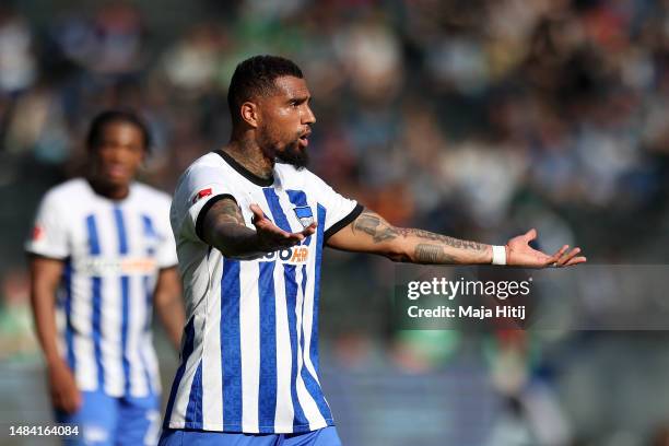 Kevin-Prince Boateng of Hertha Berlin reacts during the Bundesliga match between Hertha BSC and SV Werder Bremen at Olympiastadion on April 22, 2023...