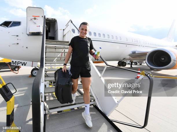 Katie McCabe of Arsenal arrives at Wolfsburg Airport on April 22, 2023 in Hamburg, Germany.