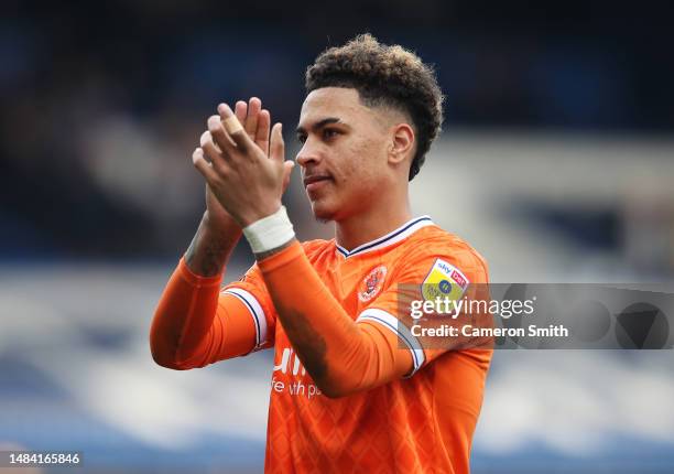Theo Corbeanu of Blackpool acknowledges the fans following the Sky Bet Championship between Birmingham City and Blackpool at St Andrews on April 22,...