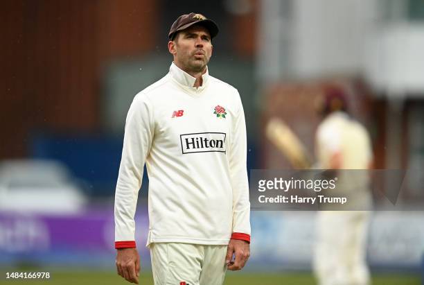 James Anderson of Lancashire looks on during Day Three of the LV= Insurance County Championship Division 1 match between Somerset and Lancashire at...