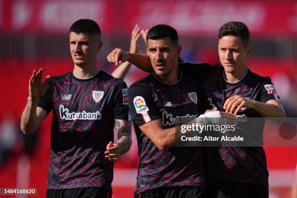 Ander Herrera and Yuri Berchiche of Athletic Club celebrate following their team's victory during the LaLiga Santander match between UD Almeria and...