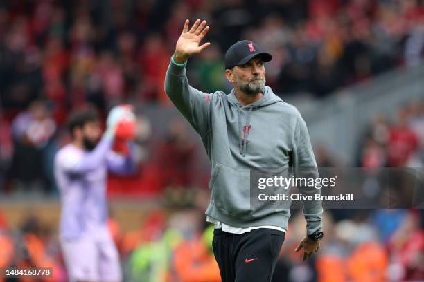Juergen Klopp, Manager of Liverpool, waves to the fans after the Premier League match between Liverpool FC and Nottingham Forest at Anfield on April...
