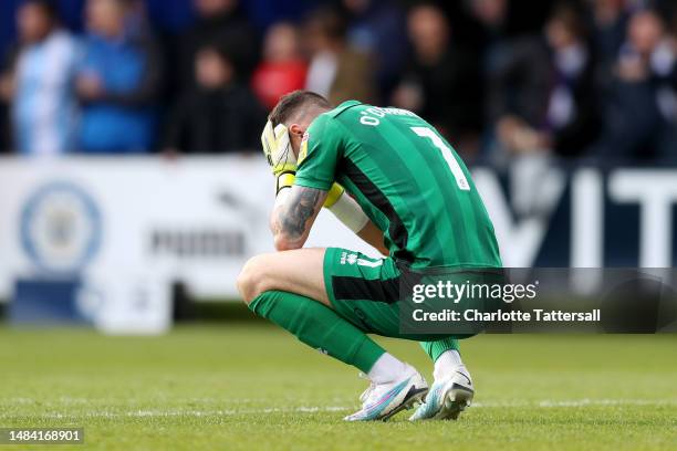 Richard O'Donnell of Rochdale looks dejected following their sides relegation into the National League following their sides defeat in the Sky Bet...