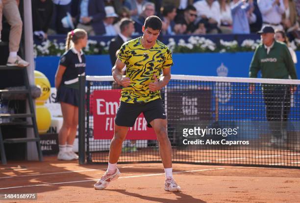 Carlos Alcaraz of Spain celebrates after defeating Dan Evans of Great Britain in the semi-final match on day six of the Barcelona Open Banc Sabadell...