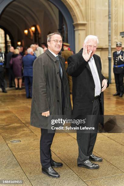 Luxembourg Prime Minister Xavier Bettel and former European Commission President and former Prime Minister Jacques Santer arrive for the reception...