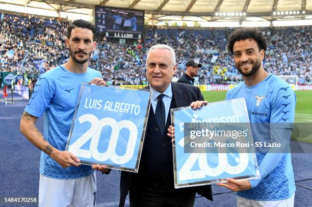 The president of SS Lazio Claudio Lotito rewards Felipe Anderson and Luis Alberto for the 200 appearances with the SS Lazio shirt prior the Serie A...