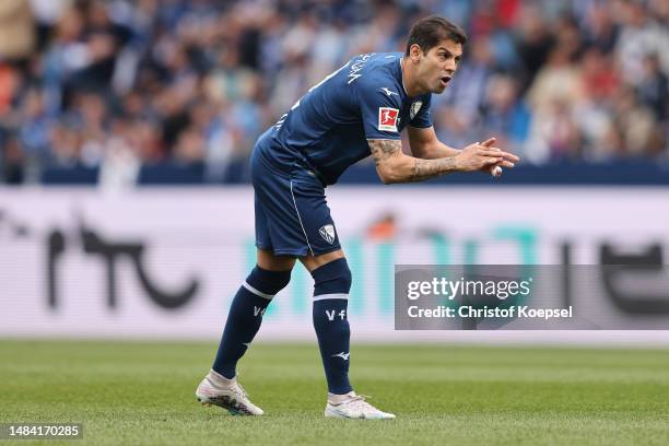 Cristian Gamboa of Bochum reacts during the Bundesliga match between VfL Bochum 1848 and VfL Wolfsburg at Vonovia Ruhrstadion on April 22, 2023 in...