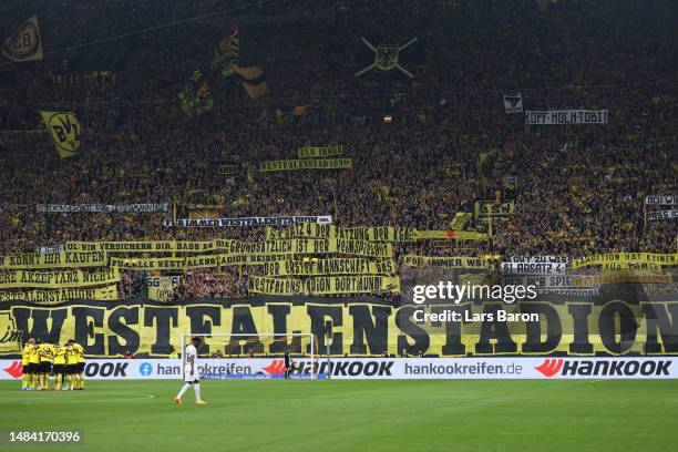 Borussia Dortmund fans show their support from the stadium prior to the Bundesliga match between Borussia Dortmund and Eintracht Frankfurt at Signal...