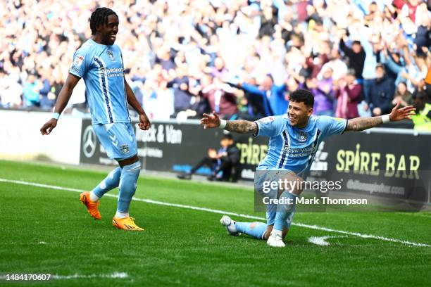 Gustavo Hamer of Coventry City celebrates his goal with team mate Josh Wilson-Esbrand during the Sky Bet Championship between Coventry City and...