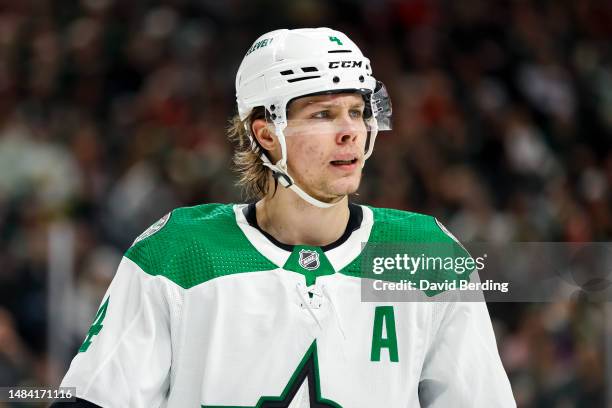 Miro Heiskanen of the Dallas Stars looks on against the Minnesota Wild in the second period of Game Three of the First Round of the 2023 Stanley Cup...