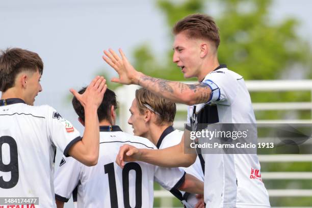 Dario Sits celebrates with his teammates after scoring his goal during the Primavera 2 match between Primavera Parma U19 and Brescia U19 on April 22,...