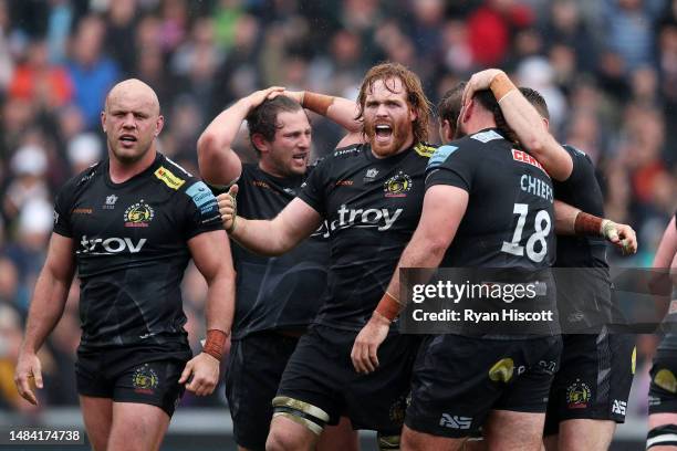 Jannes Kirsten of Exeter Chiefs celebrates with teammates as Exeter Chiefs defeat Bristol Bears during the Gallagher Premiership Rugby match between...