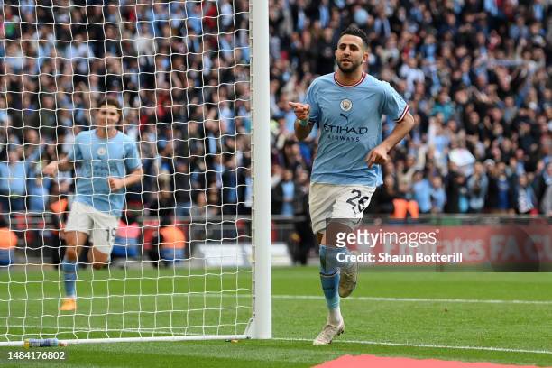Riyad Mahrez of Manchester City celebrates after scoring the team's second goal during the FA Cup Semi Final match between Manchester City and...