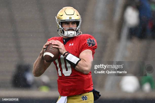 Sam Hartman of the Notre Dame Fighting Irish warms up before the Notre Dame Blue-Gold Spring Football Game at Notre Dame Stadium on April 22, 2023 in...