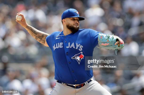 Alek Manoah of the Toronto Blue Jays pitches during the first inning of the game against the New York Yankees at Yankee Stadium on April 22, 2023 in...