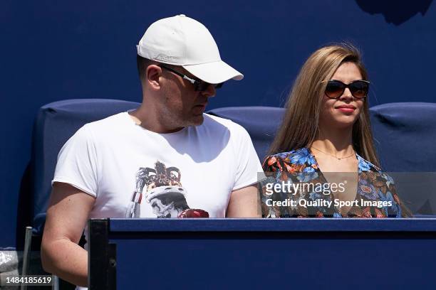 Risto Mejide and Natalia Almarcha attend day six of the Barcelona Open Banc Sabadell at Real Club De Tenis Barcelona on April 22, 2023 in Barcelona,...