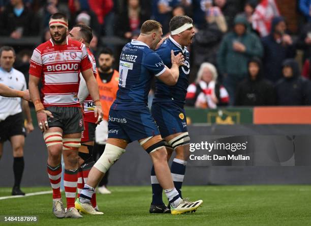 Jono Ross of Sale Sharks celebrates after scoring his side's second try during the Gallagher Premiership Rugby match between Gloucester Rugby and...