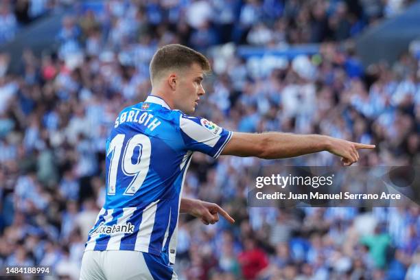 Alexander Sorloth of Real Sociedad reacts during the LaLiga Santander match between Real Sociedad and Rayo Vallecano at Reale Arena on April 22, 2023...