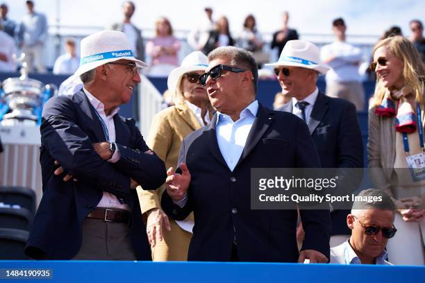 Manuel Orantes and Joan Laporta attend day six of the Barcelona Open Banc Sabadell at Real Club De Tenis Barcelona on April 22, 2023 in Barcelona,...