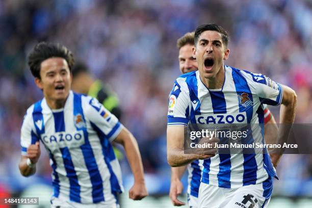 Carlos Fernandez of Real Sociedad celebrates after Florian Lejeune of Rayo Vallecano scores an own goal during the LaLiga Santander match between...