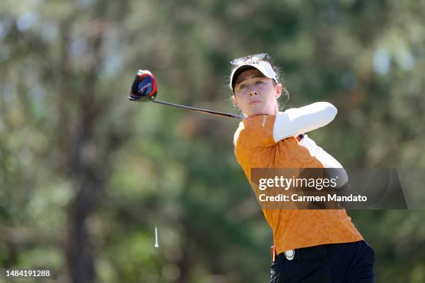 Nelly Korda of the United States plays her shot from the second tee during the third round of The Chevron Championship at The Club at Carlton Woods...