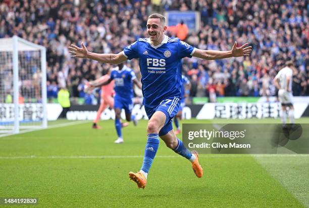 Timothy Castagne of Leicester City celebrates after scoring the team's second goal during the Premier League match between Leicester City and...