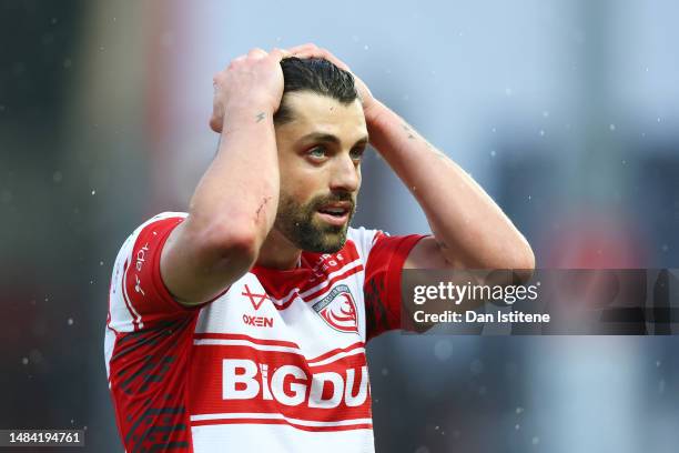 Adam Hastings of Gloucester Rugby looks dejected after missing a conversion during the Gallagher Premiership Rugby match between Gloucester Rugby and...