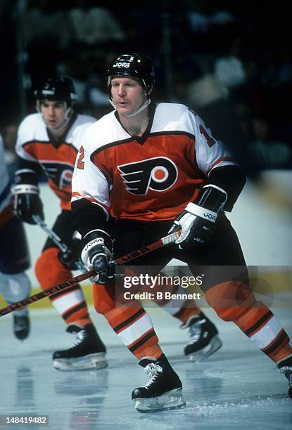 Tim Kerr of the Philadelphia Flyers skates on the ice during an NHL game against the New York Islanders on January 21, 1986 at the Nassau Coliseum in...